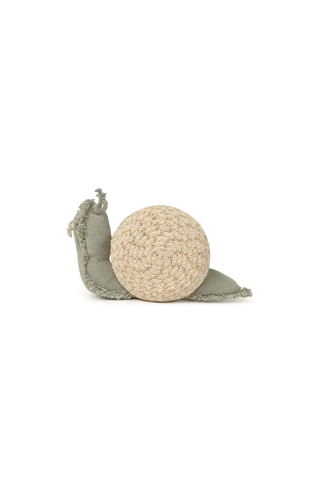 Crocheted snail toy on a white background