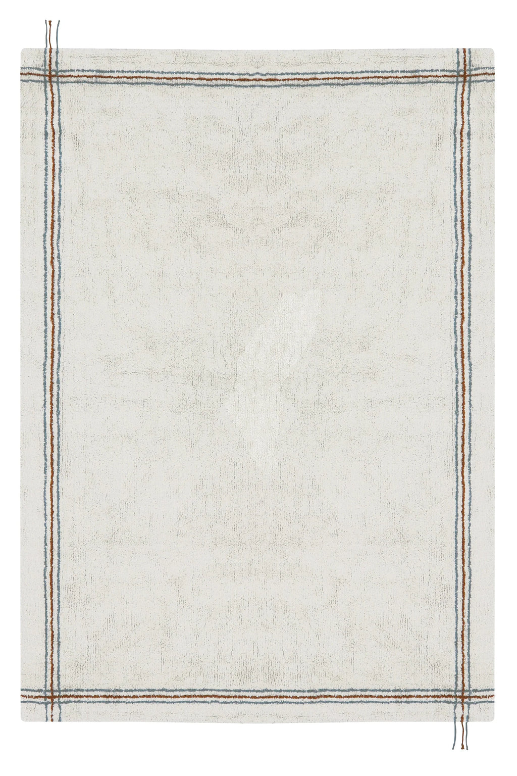 A square area rug with a textured off-white or cream center and a border of thin multicolor stripes in blue, orange, and brown.