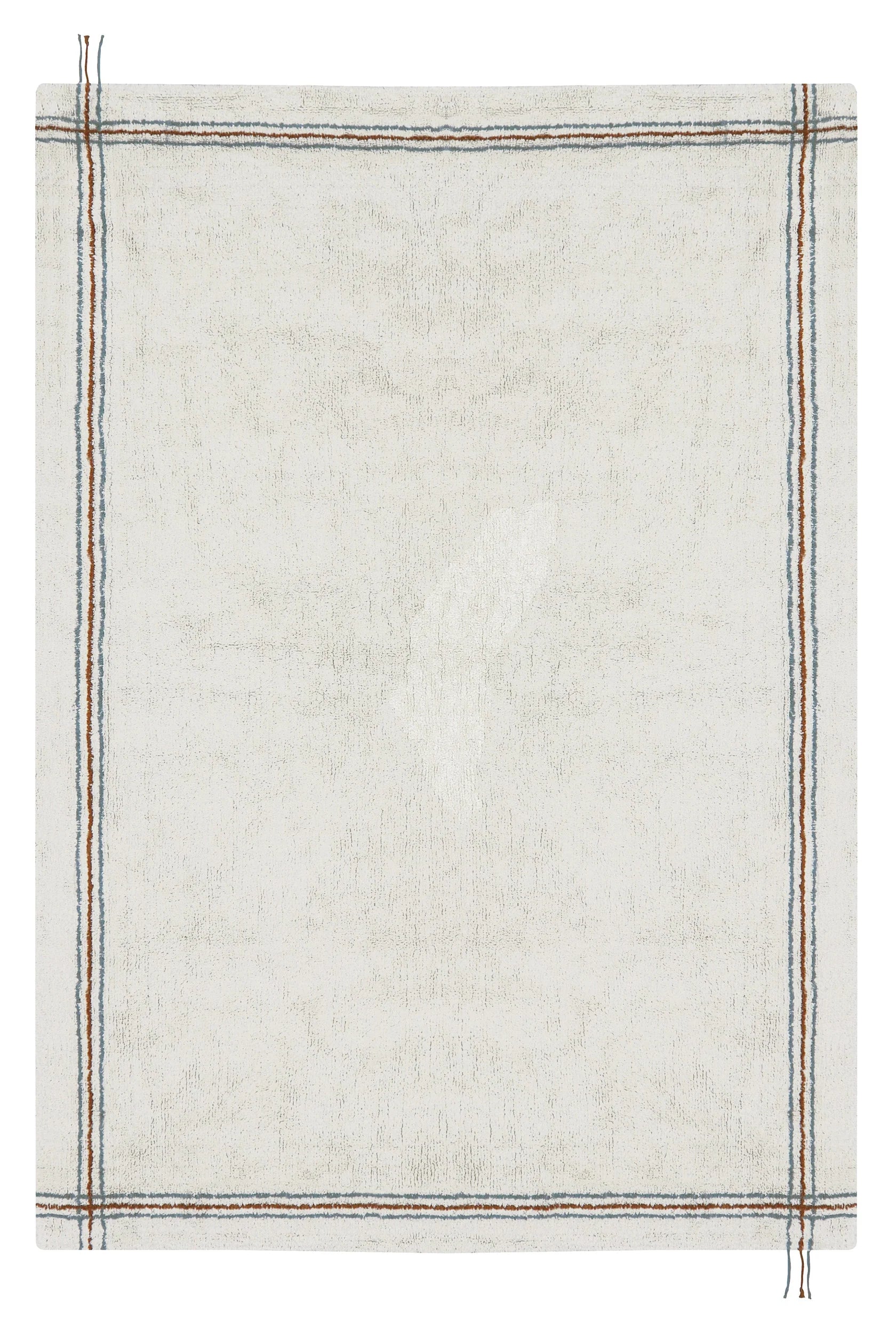 A square area rug with a textured off-white or cream center and a border of thin multicolor stripes in blue, orange, and brown.