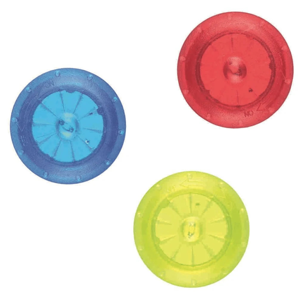 Three translucent plastic round knobs in blue, yellow and red arranged on a plain white background.