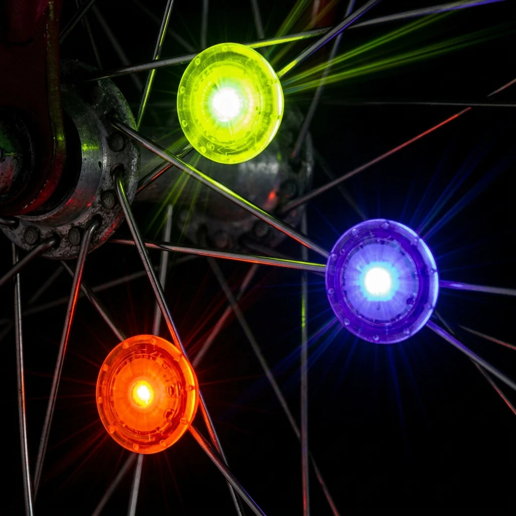 Three glowing bicycle wheel hub lights in red, yellow-green, and blue attached to thin metal spokes against a dark background.