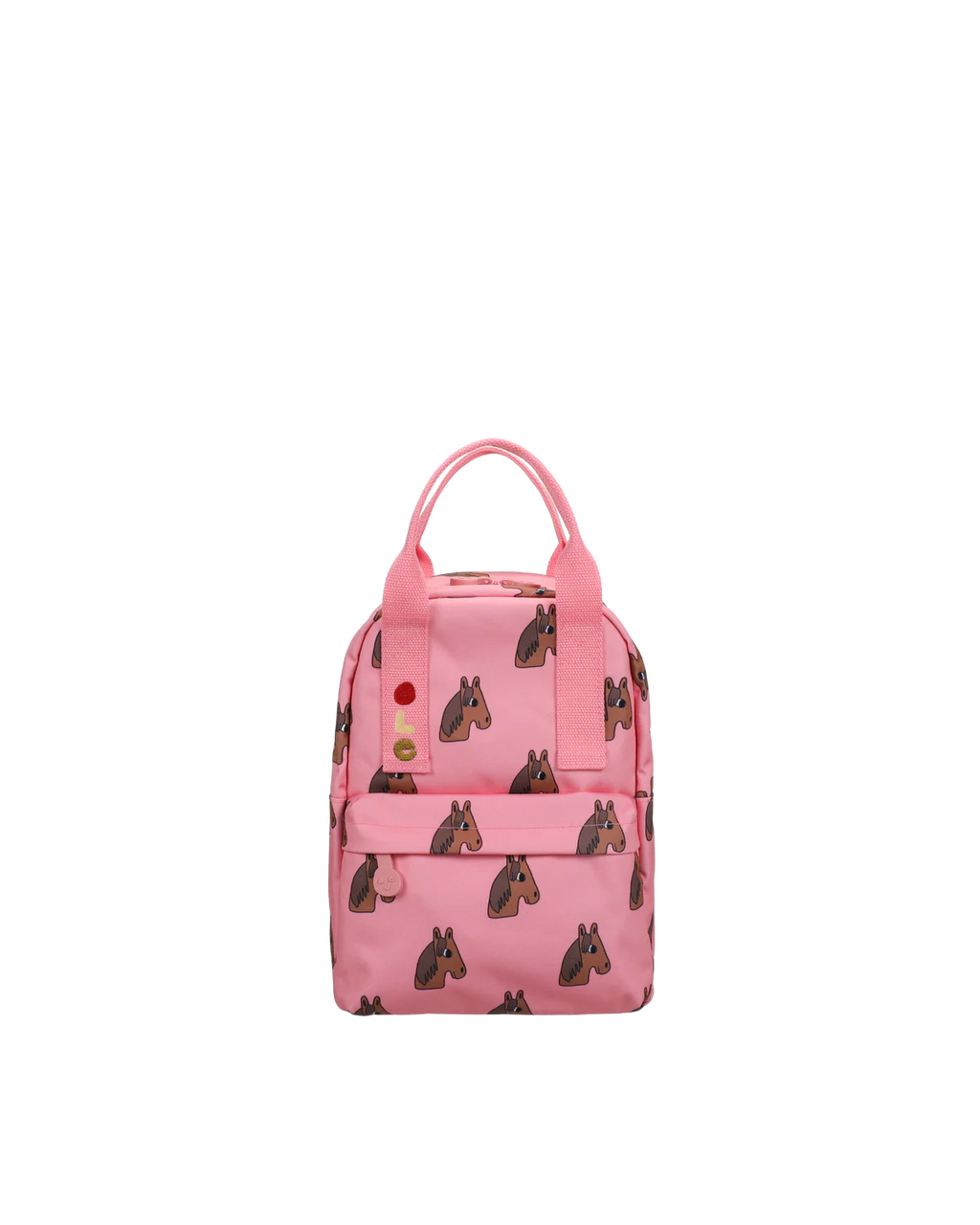 Pink backpack featuring an allover repeating pattern of horse heads, with dual top handles and a front zip pocket, shown on a plain white background.