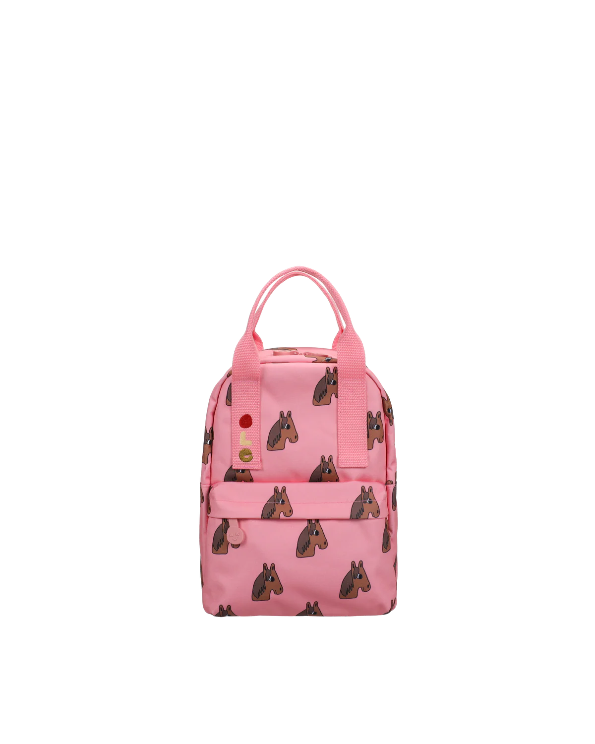 Pink backpack featuring an allover repeating pattern of horse heads, with dual top handles and a front zip pocket, shown on a plain white background.
