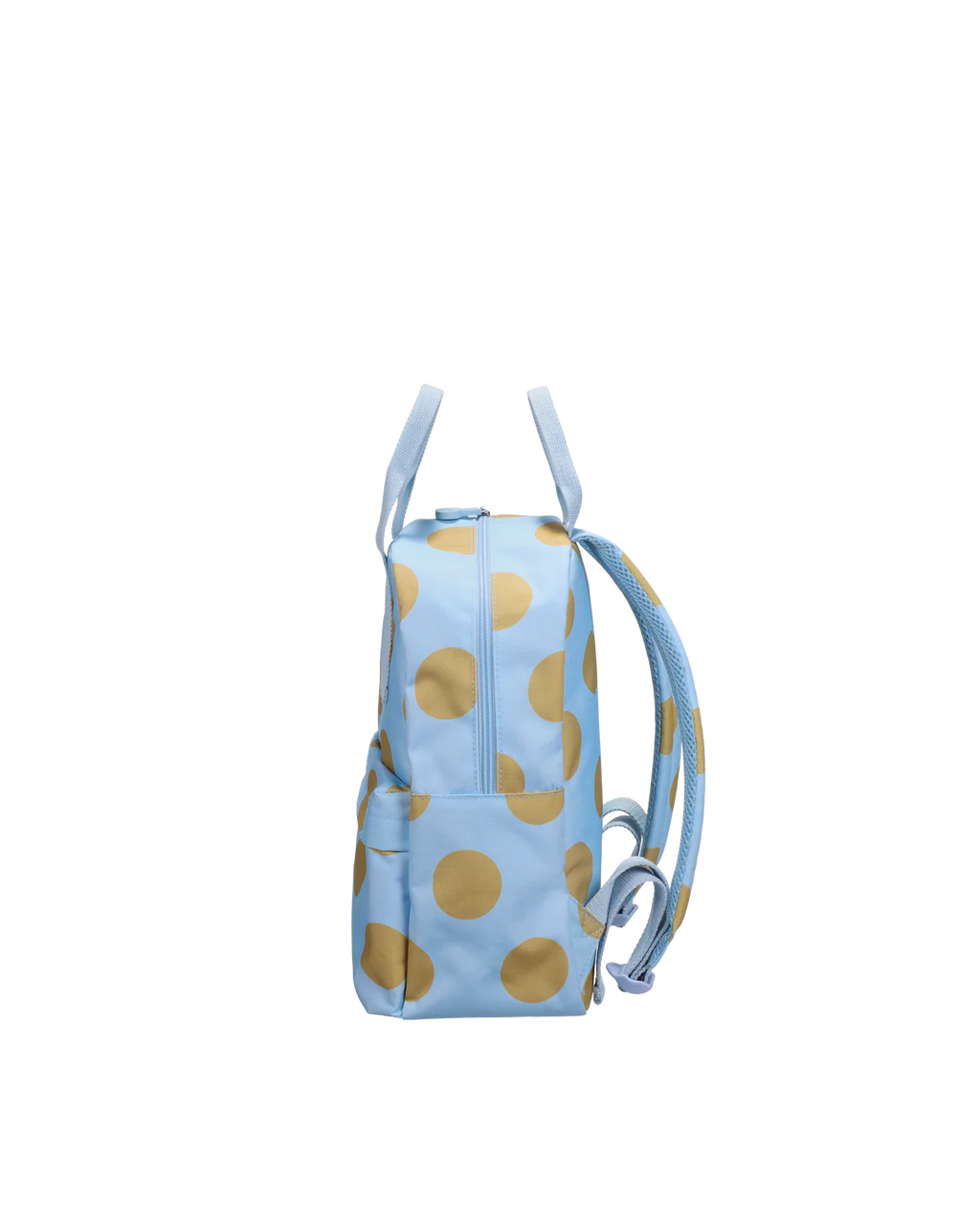 A light blue backpack with a gold polka dot pattern, shown from the side against a plain white background.