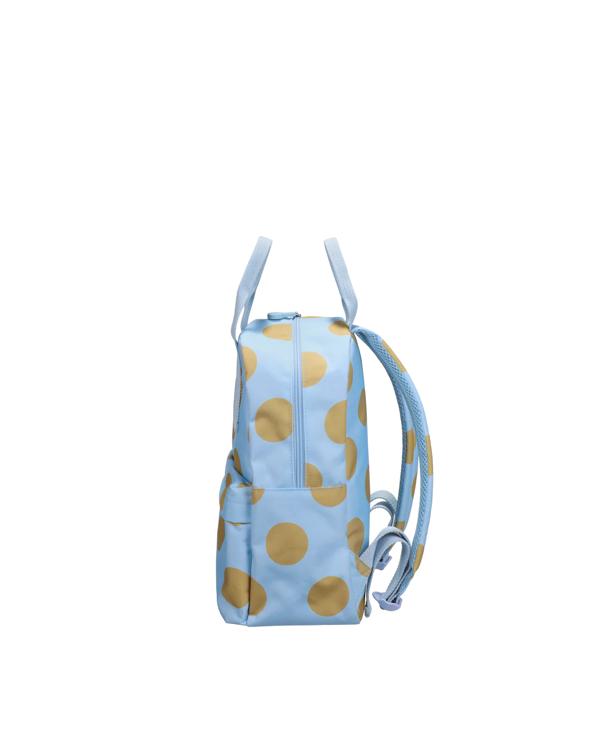 A light blue backpack with a gold polka dot pattern, shown from the side against a plain white background.