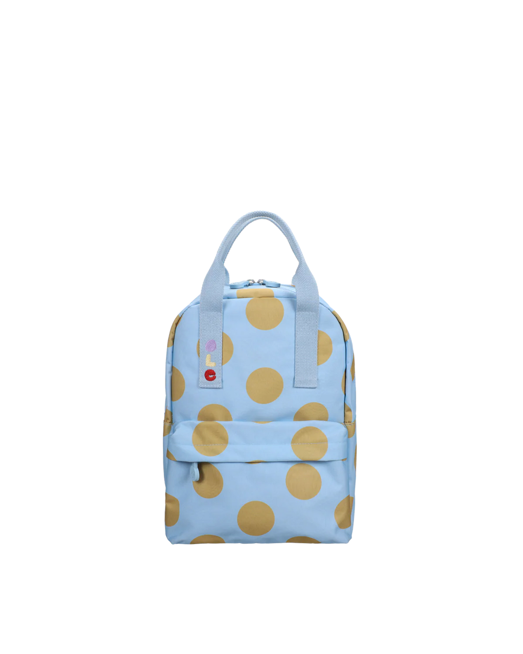 A light blue backpack with large gold polka dots, featuring dual top handles and a front zippered pocket, shown against a plain white background.