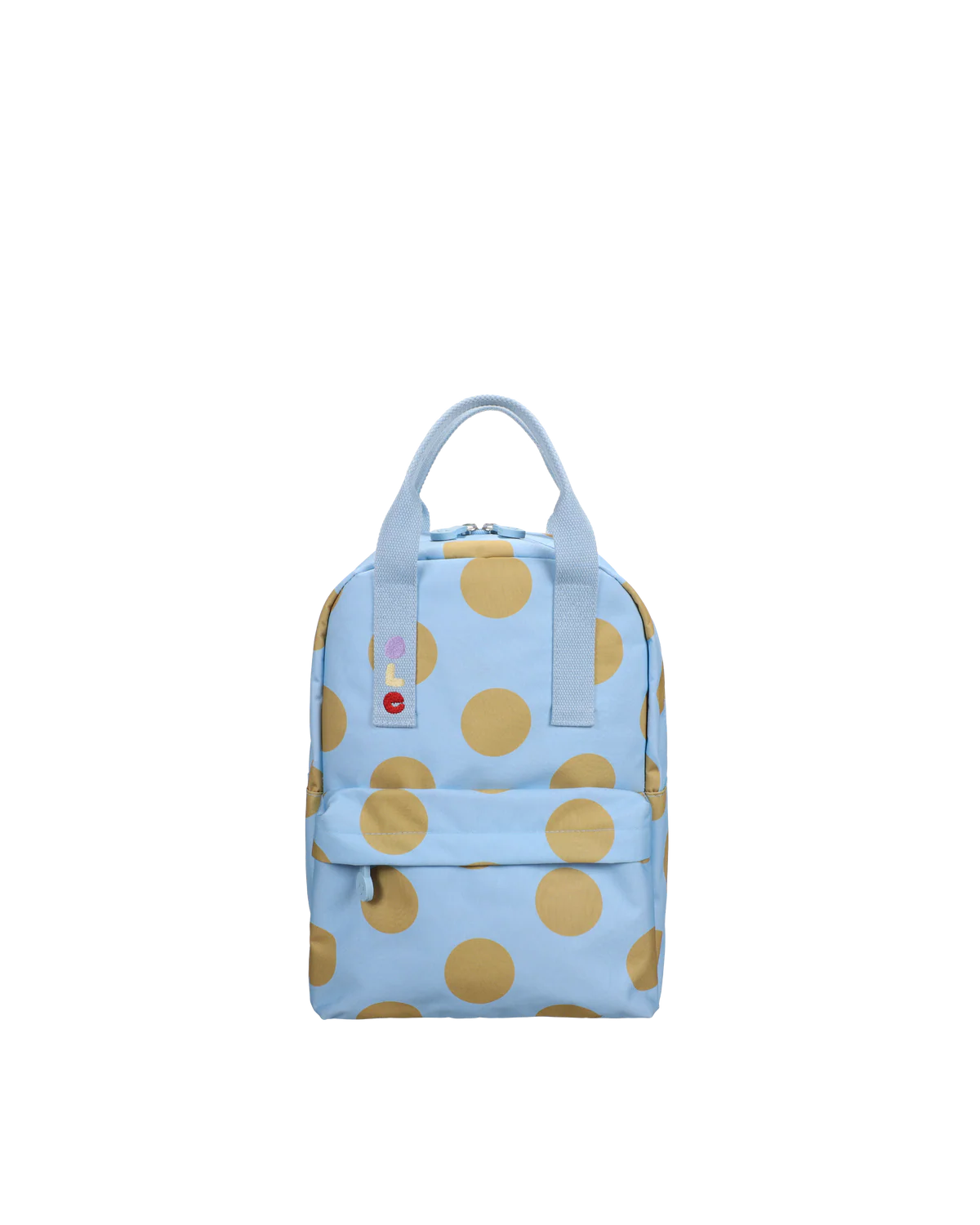 A light blue backpack with large gold polka dots, featuring dual top handles and a front zippered pocket, shown against a plain white background.