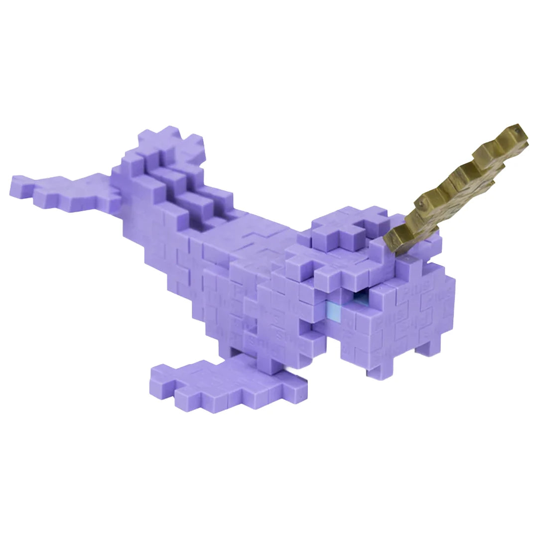 Purple pixelated dragon-like creature with a gold horn on a white background