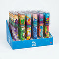A blue PLUS PLUS display box holding eight clear cylindrical tubes filled with colorful jigsaw puzzle pieces. Each tube has a different illustrated label, and the display box is branded with the PLUS PLUS logo.