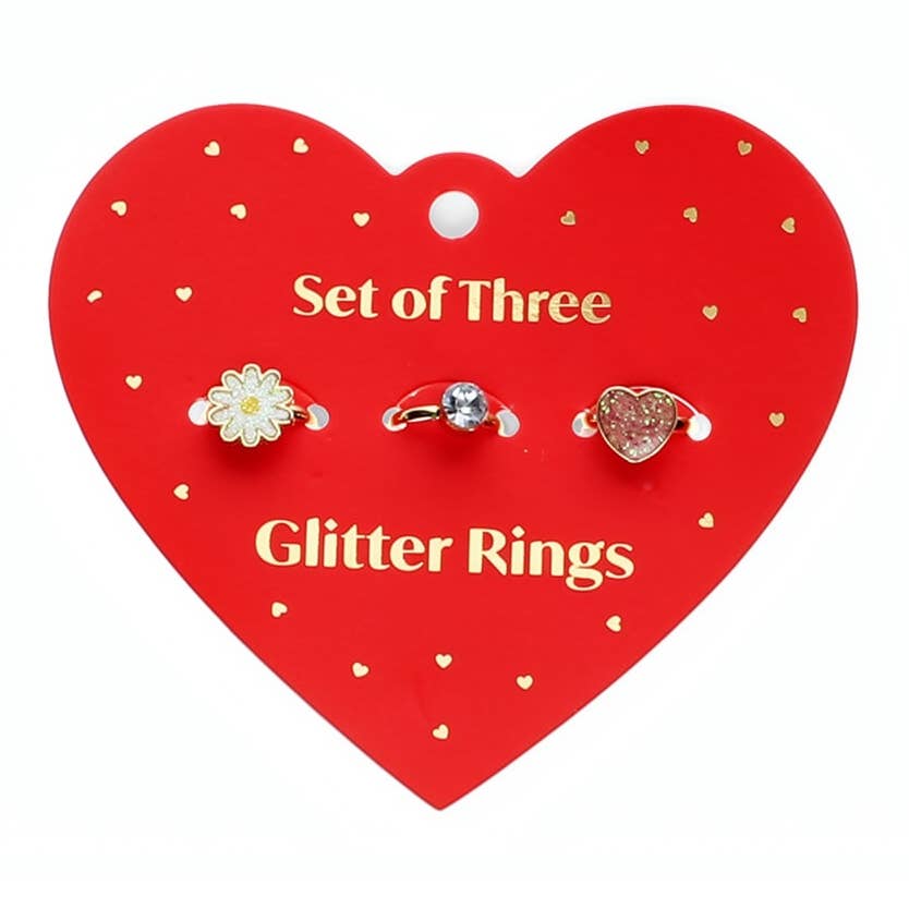 Glitter rings (set of 3) - Heart & flower