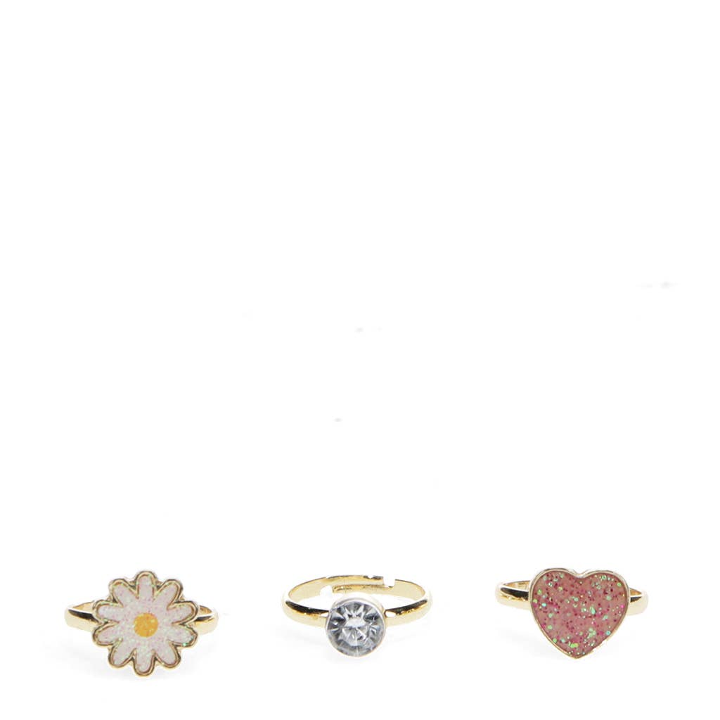 Glitter rings (set of 3) - Heart & flower
