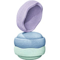 Three textured fabric bath or shower poultions stacked vertically, with the top lavender poultion slightly offset above the others, shown on a plain white background.
