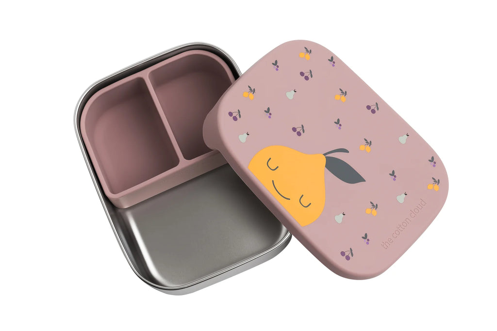 Pink bento box with a smiley face design on a white background