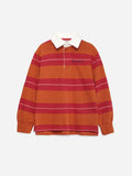 A long-sleeve rugby-style polo shirt with horizontal stripes in orange, red, and white, featuring a white collar and a small navy logo on the chest.
