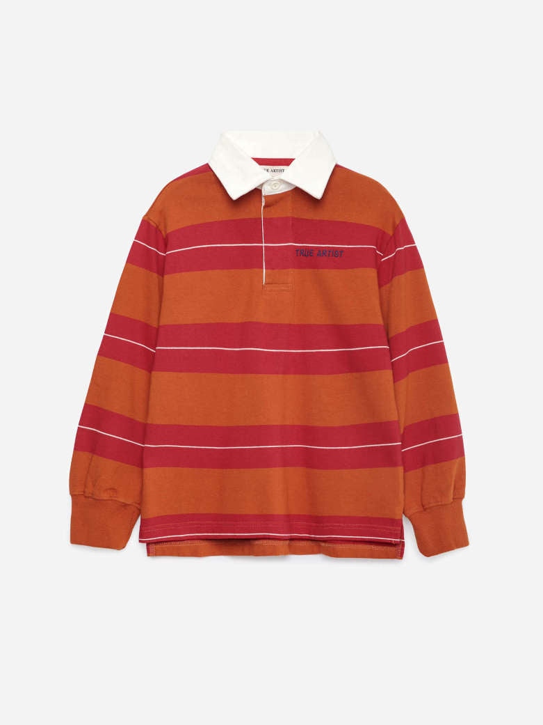 A long-sleeve rugby-style polo shirt with horizontal stripes in orange, red, and white, featuring a white collar and a small navy logo on the chest.