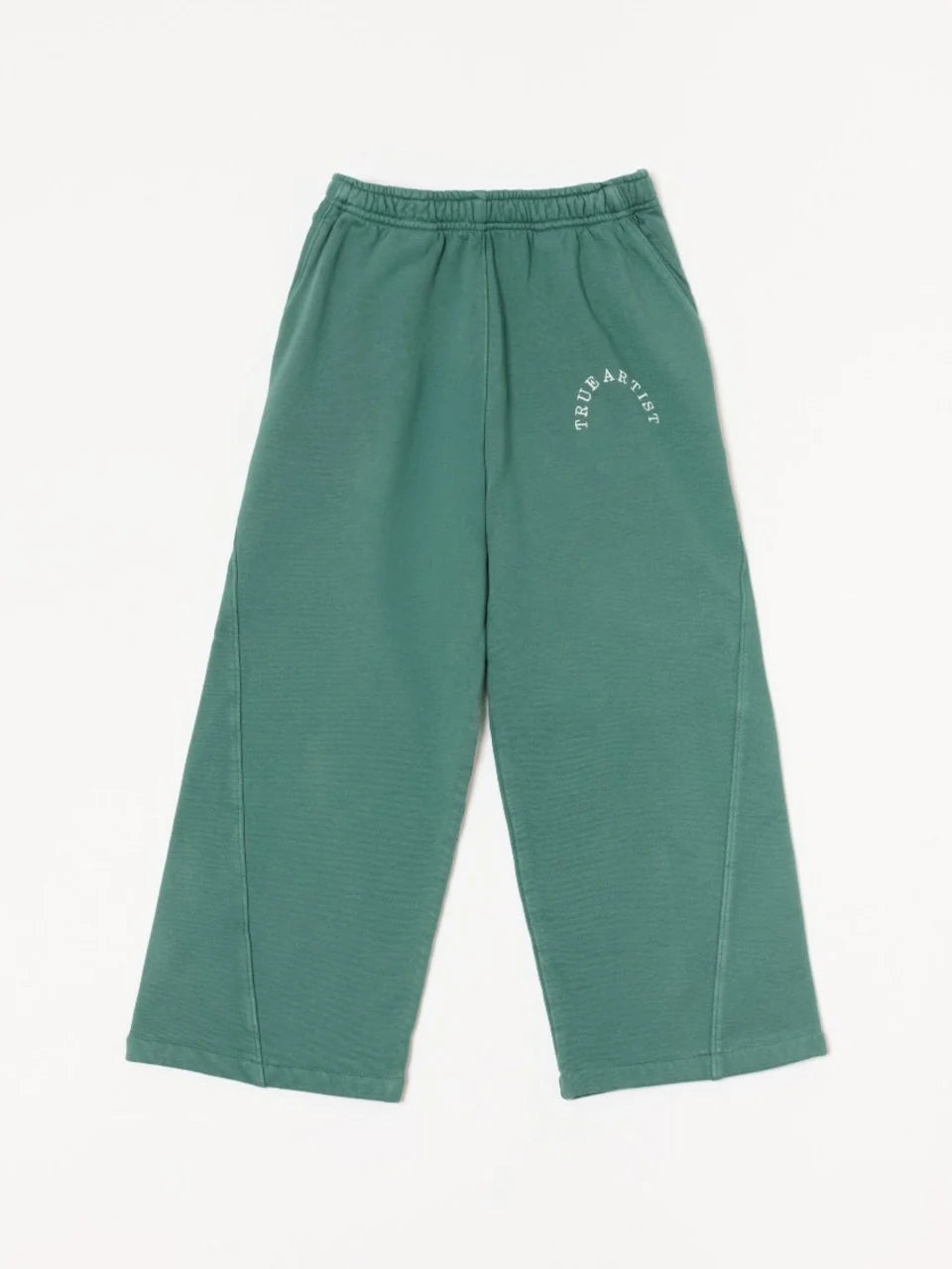 A pair of hunter green sweatpants with a small white arched text graphic on the upper right leg, displayed flat against a clean white background.