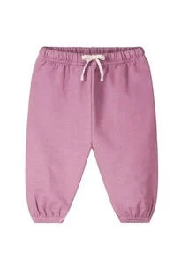 A pair of children's jogger pants in a bubblegum color, featuring an elastic waistband with a white drawstring and elastic cuffs at the ankles, shown against a plain white background.