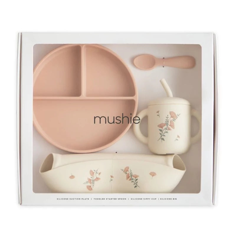 Mushie Cadeaubox - Voedingsset Roze Bloemen
