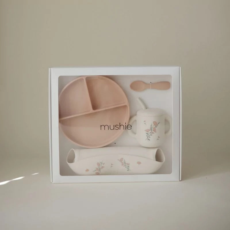 Mushie Cadeaubox - Voedingsset Roze Bloemen