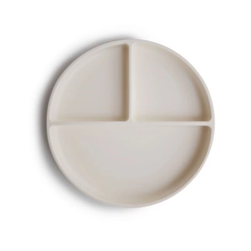 A round, three-compartment baby plate in Ivory color, shown from a top-down perspective on a white background.