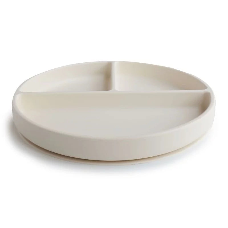Beige silicone plate with three sections on a white background