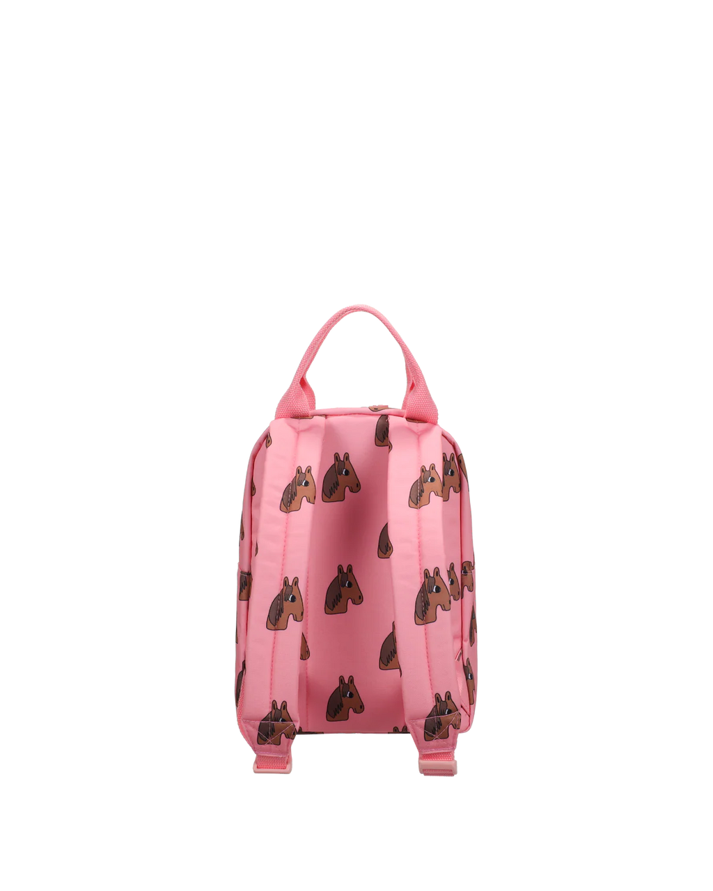 A pink backpack with an allover pattern of brown horse heads, shown from the back against a plain white background.