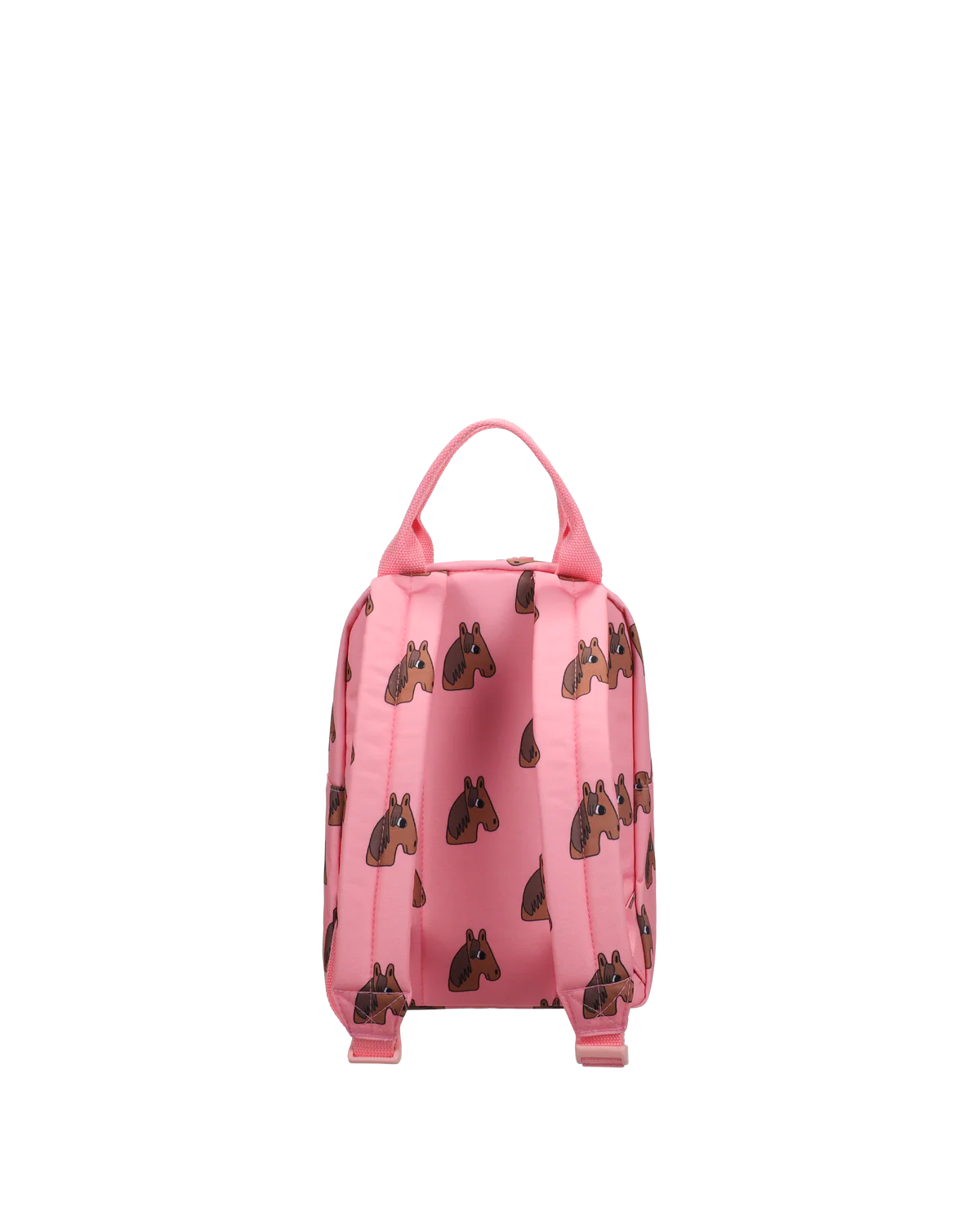 A pink backpack with an allover pattern of brown horse heads, shown from the back against a plain white background.